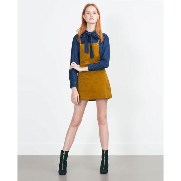 Zara Brown Corduroy Sleeveless Square Pinafore Velvet Velour Mini Overall Dress - Picture 1 of 9